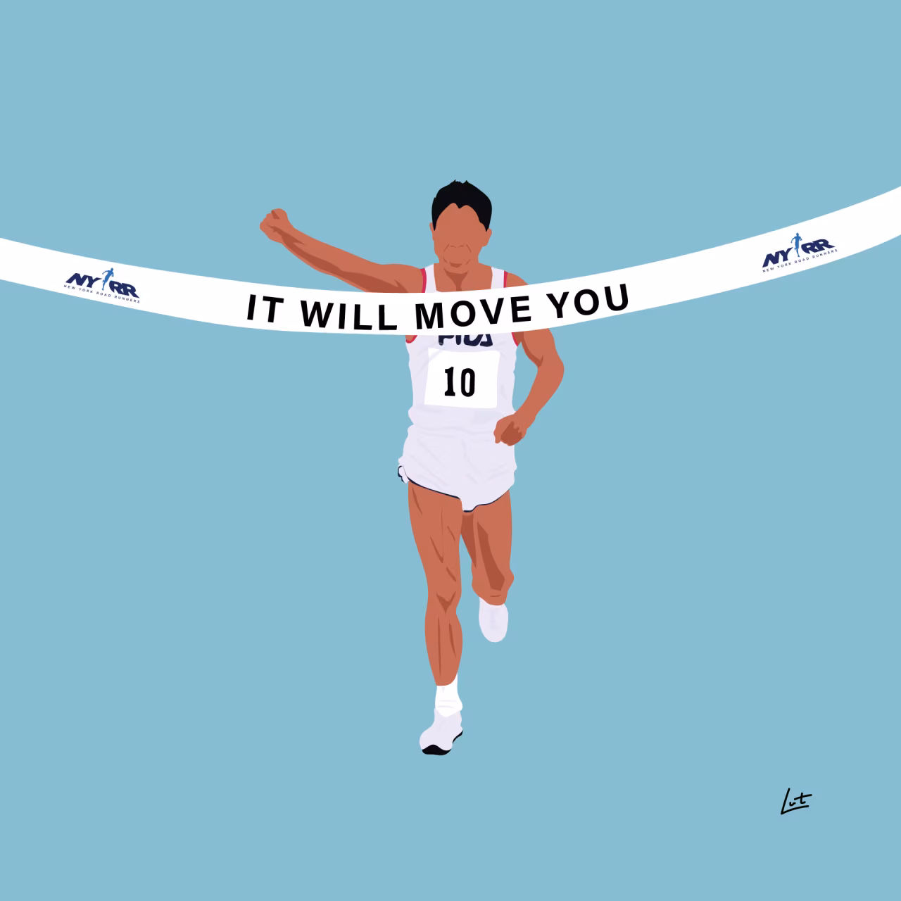 Digitale tekening renner met nummer 10 steekt arm triomfantelijk op bij finishlijn met tekst IT WILL MOVE YOU en NYRR logo
