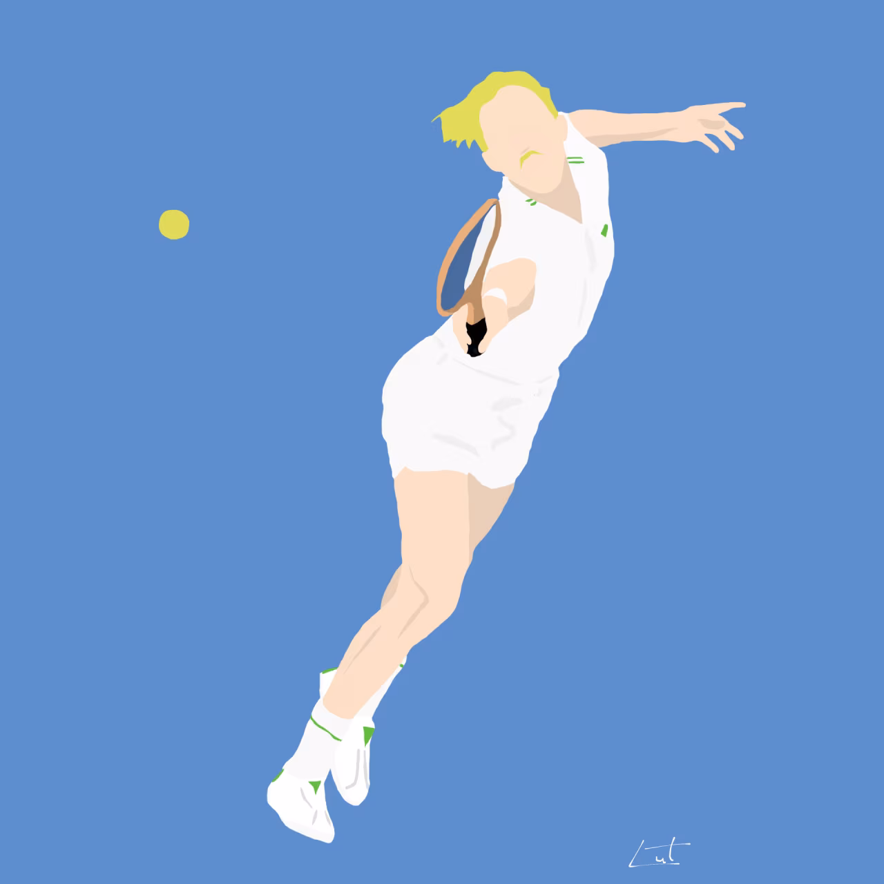 Tekening actief tennismoment met speler in de lucht en tennisbal op egale blauwe achtergrond - meer dan een schoen