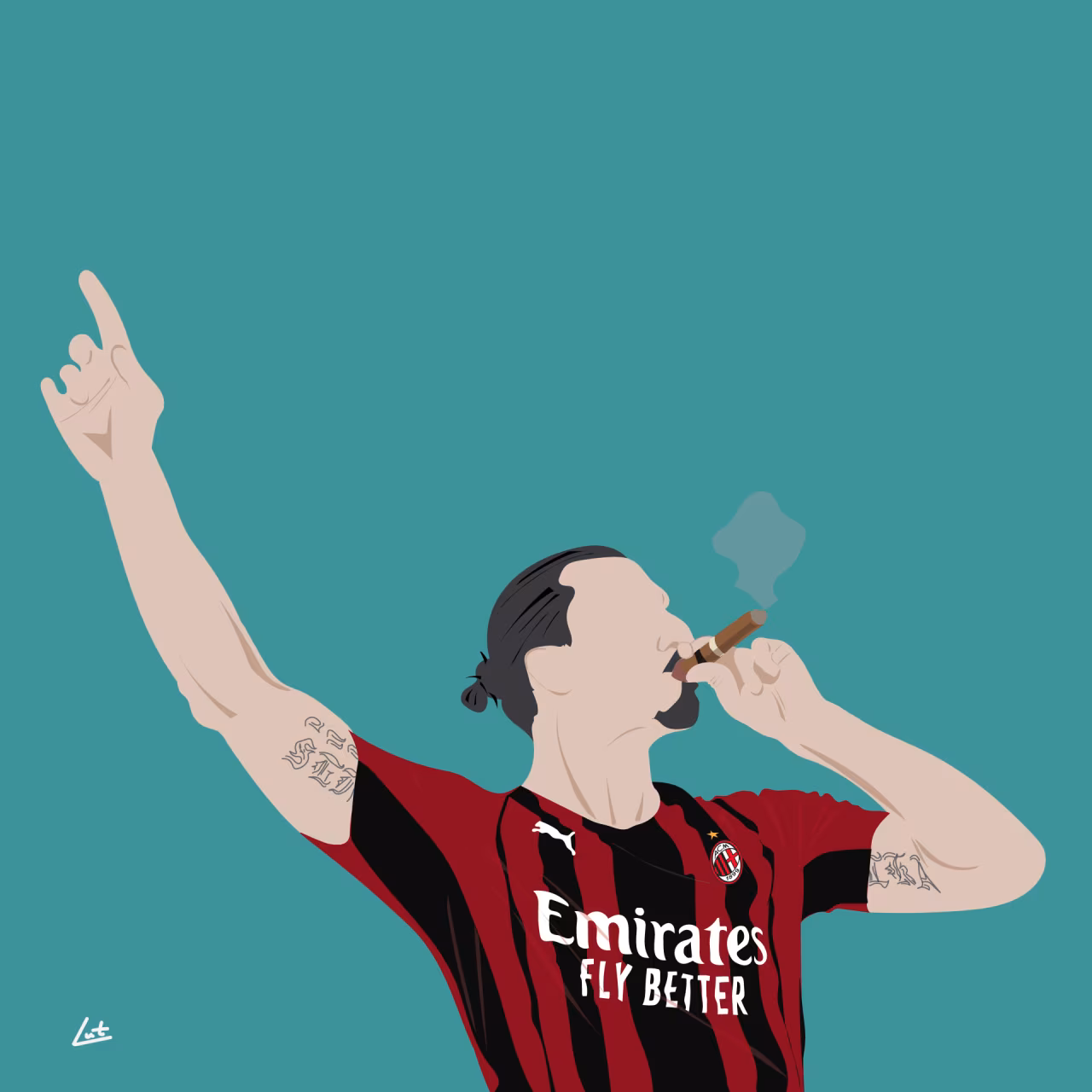Digitale tekening van triomfantelijke Zlatan in AC Milan shirt met Puma logo en Emirates Fly Better tekst, rokend met sigaar