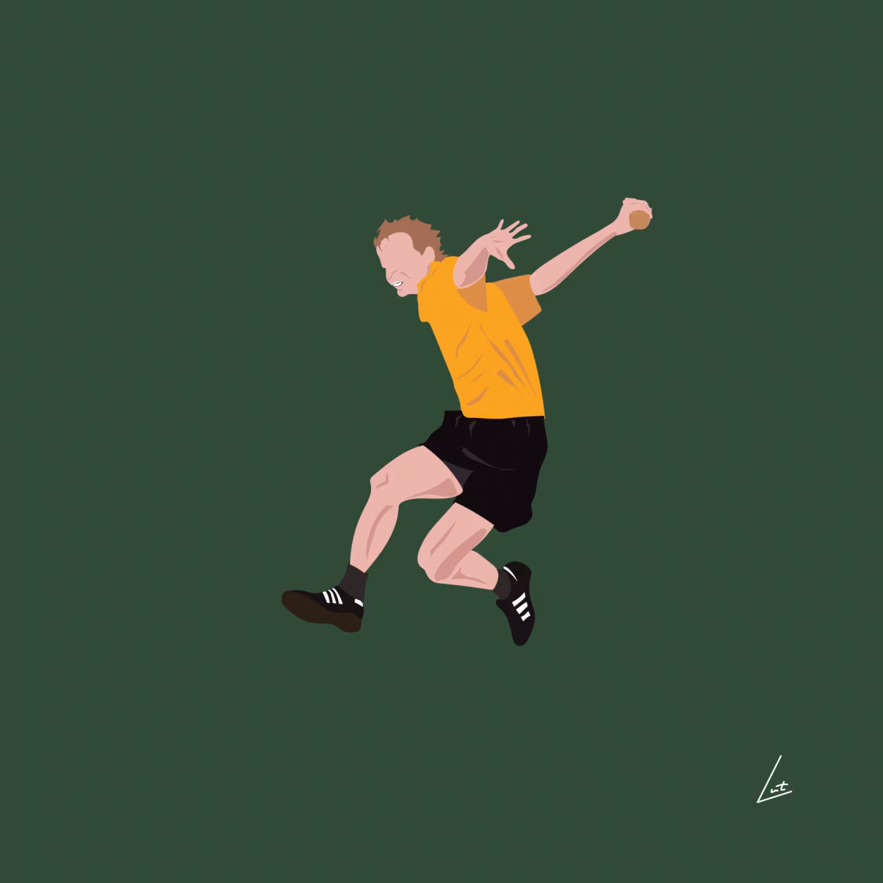 Digitale tekening figuur springend oranje shirt zwarte korte broek beweging energie dynamisch houding donkergroen achtergrond klootschieten