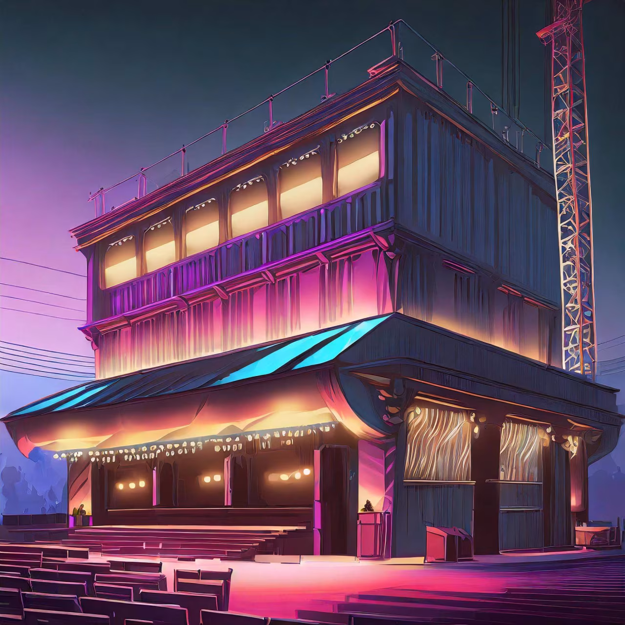 Digitale tekening van modern industrieel gebouw bij nacht met tentachtig afdak, sfeervolle verlichting en rijen stoelen eventlocatie