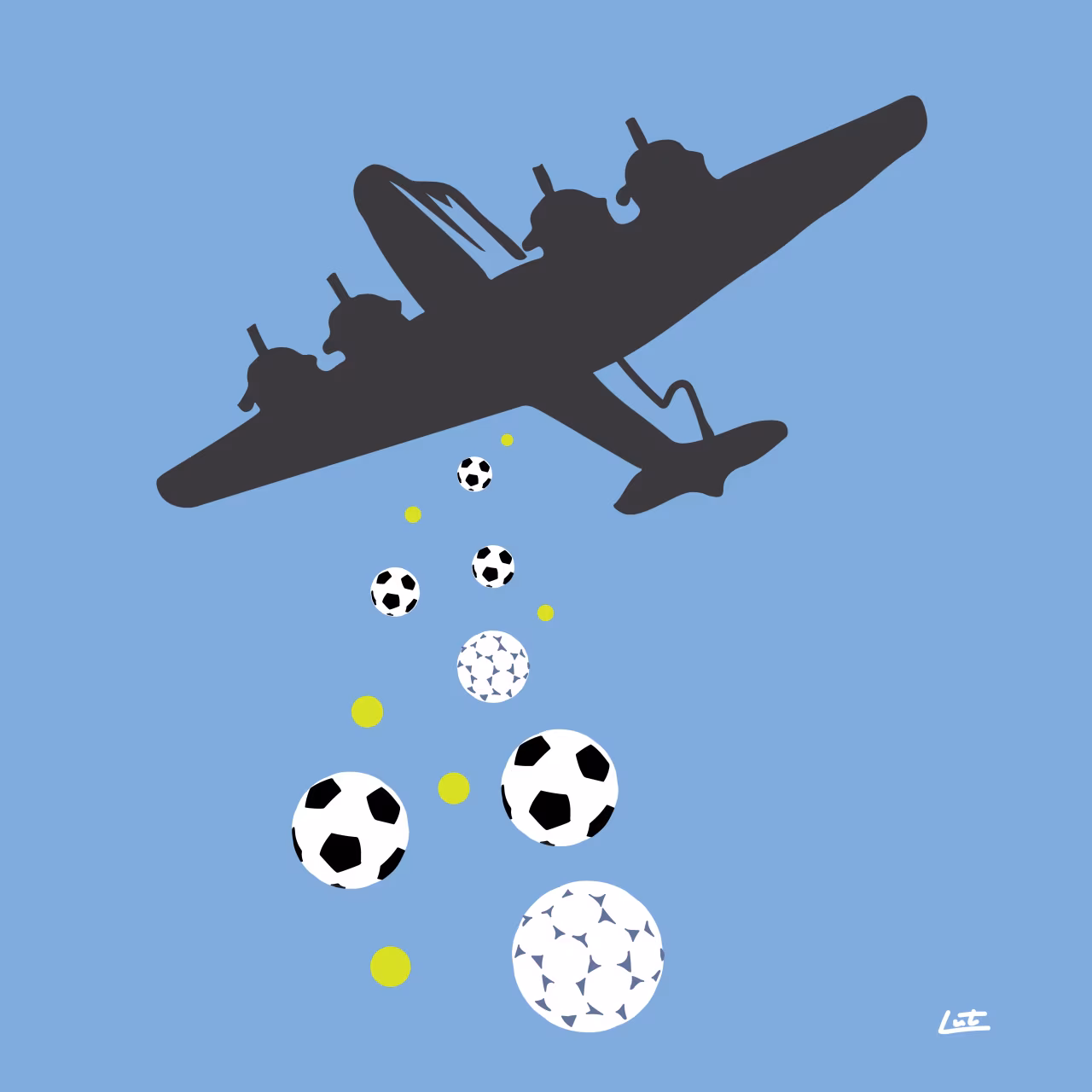 Tekening vliegtuig met vier motoren die voetballen en gele stippen laat vallen, handtekening Lost, thema geen bommen maar ballen