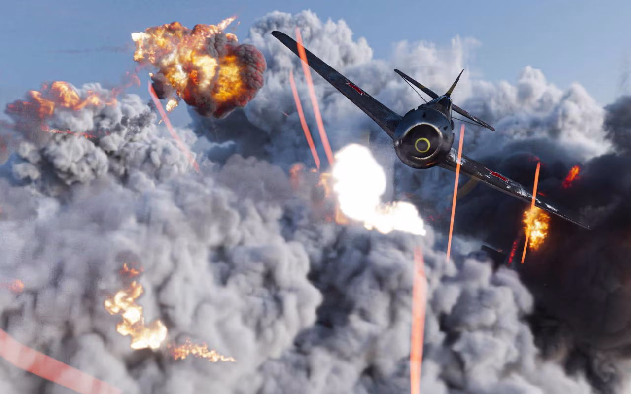 Dramatische luchtactie met propellervliegtuigen en explosies boven rookwolken, illustratie bij De oorlog in Oekraïne van ma 11 t/m zo 17 december 2023