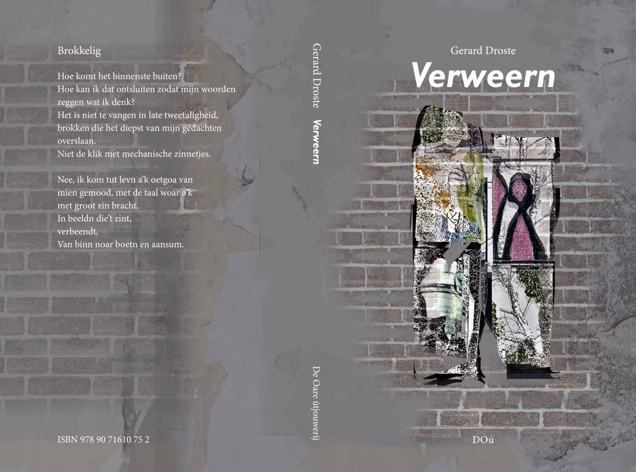 Omslag van poëziebundel Verweern door Gerard Droste met bakstenen muur patroon en abstracte collage