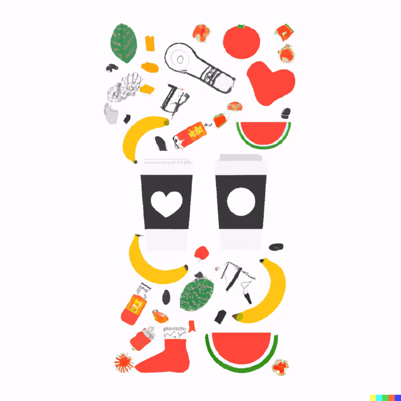Illustratie van het cijfer 8 met gezonde voeding zoals tomaat, banaan, watermeloen, koffie en groene bladeren als symbool voor biologie gezond lijf