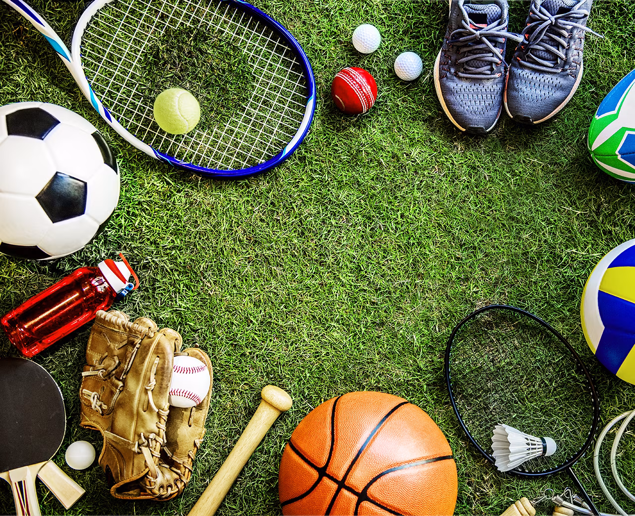 Sportoverzicht 1 t/m 7 november met diverse sportartikelen op gras zoals voetbal, tennisballen, rugbybal en honkbaluitrusting