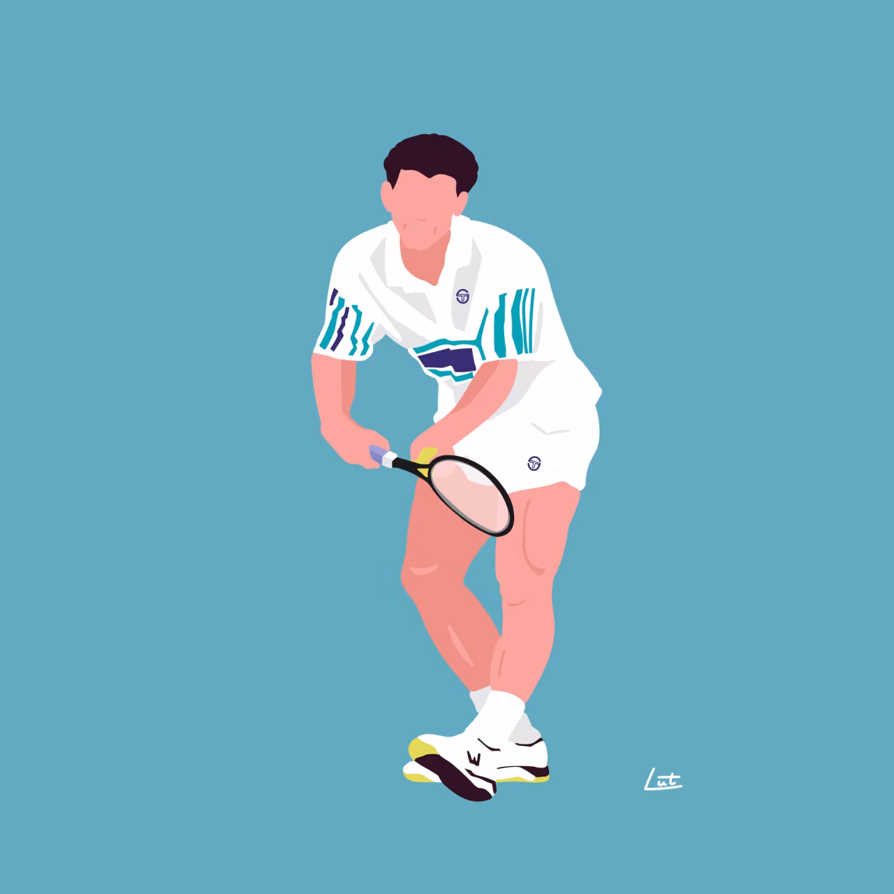 Digitale tekening van een tennisser met tennisracket en bal tegen blauwe achtergrond, thema 'Eind goed, al goed'
