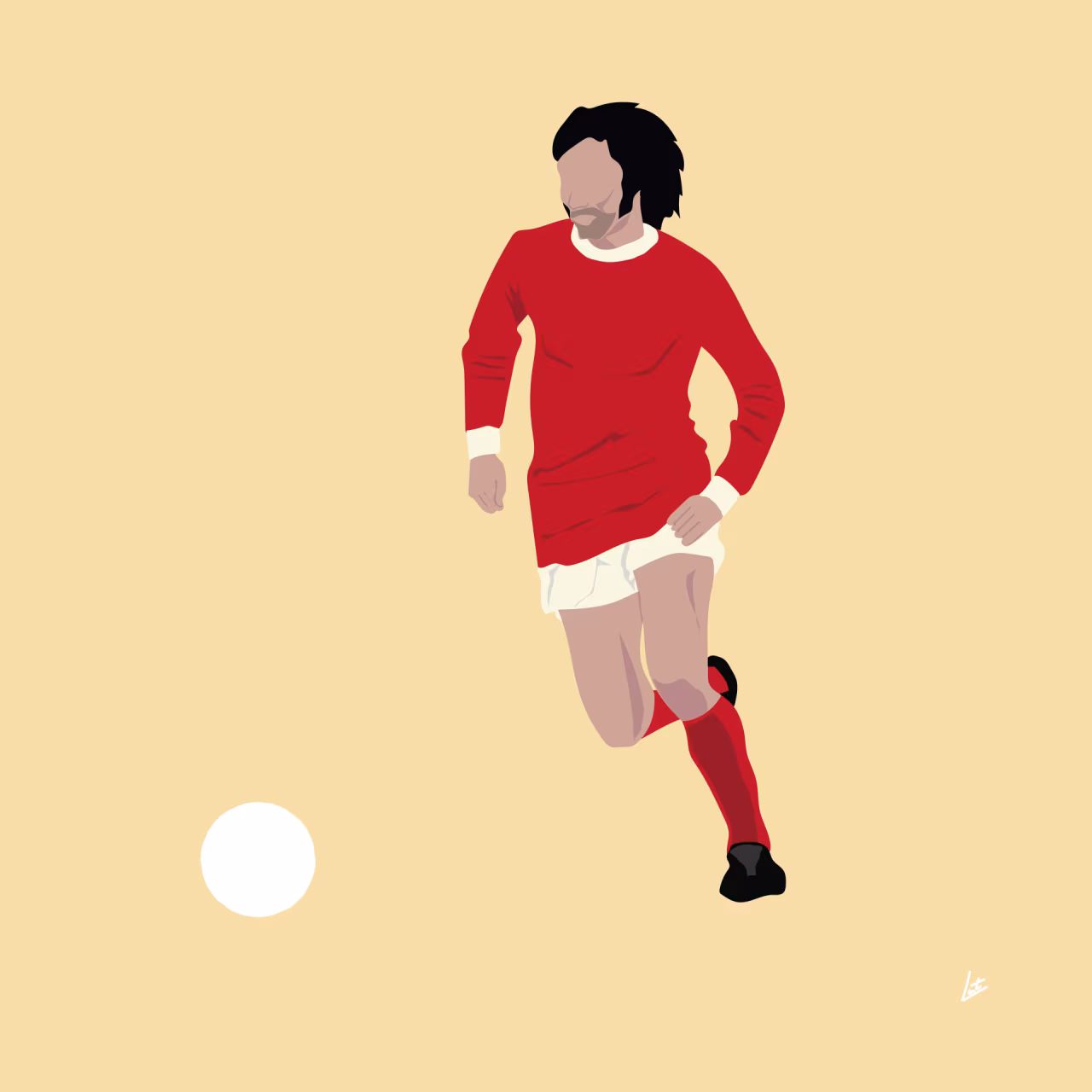 Digitale tekening van een voetballer in rood en wit in beweging met een voetbal op de grond beige achtergrond illustratie bij mooie voetballers hebben lang haar