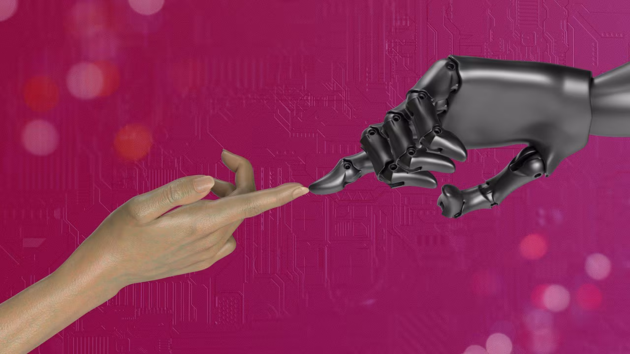 Illustratie van een menselijke wijsvinger die de robotwijsvinger raakt symboliseert samenwerking mens technologie nieuwsoverzicht juli 2025