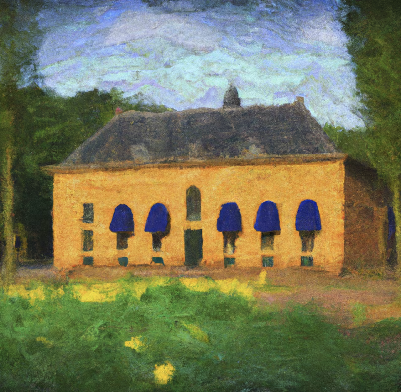 Schilderij van het gebouw met vijf ramen en blauwe luifels, omgeven door groen onder een lichte blauwe lucht, h2 Pater