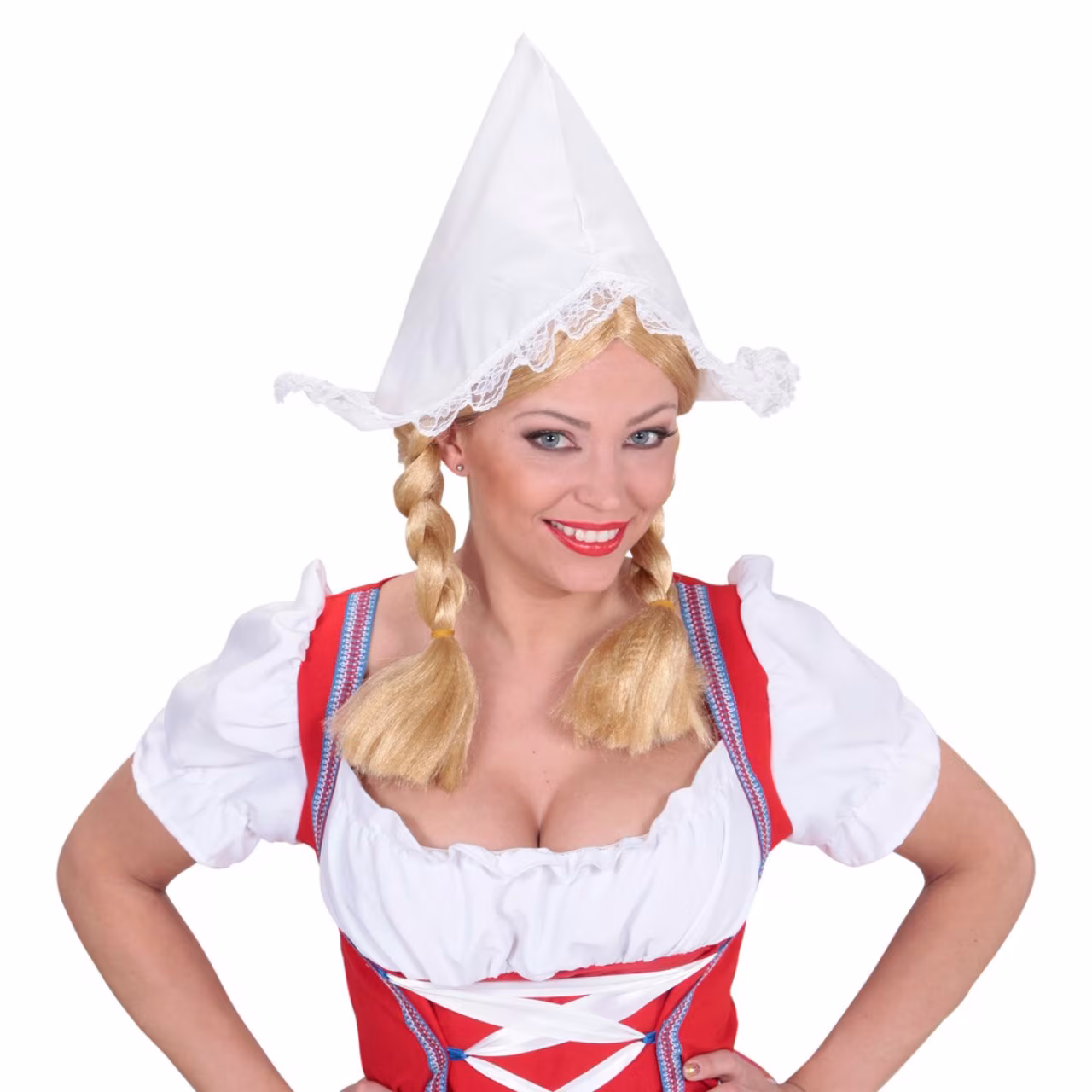 Traditioneel kostuum met wit en rood boerinnenpak en witte puntmuts, folklore kleding passend bij boerinnenkalender Thema