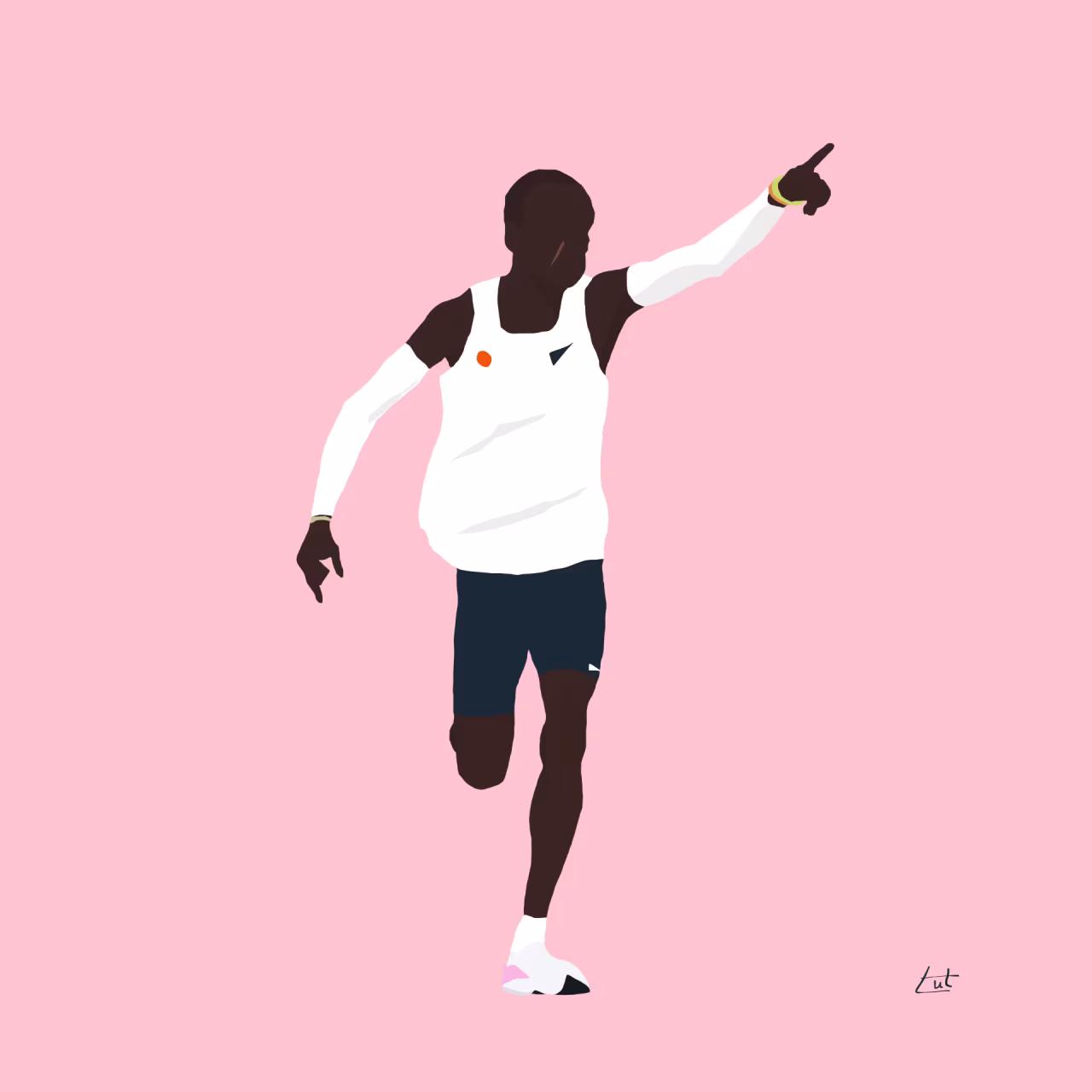 Digitale tekening van atletiekrenner op roze achtergrond viert overwinning beweging een beetje perspectief tkk