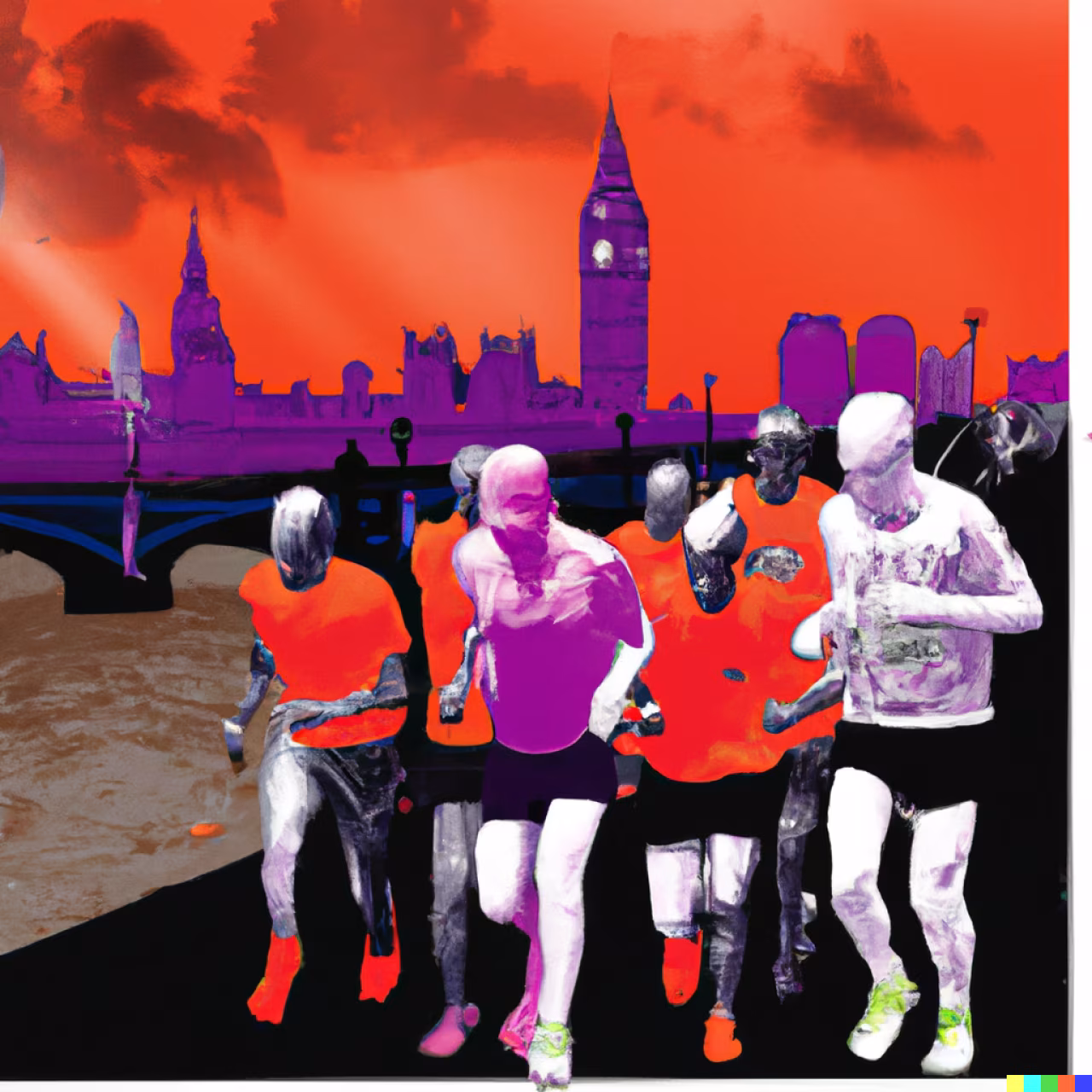 Digitale kunst van lopers in oranje en paars met londen skyline en big ben in paarse tinten, thema verre tijd marathon