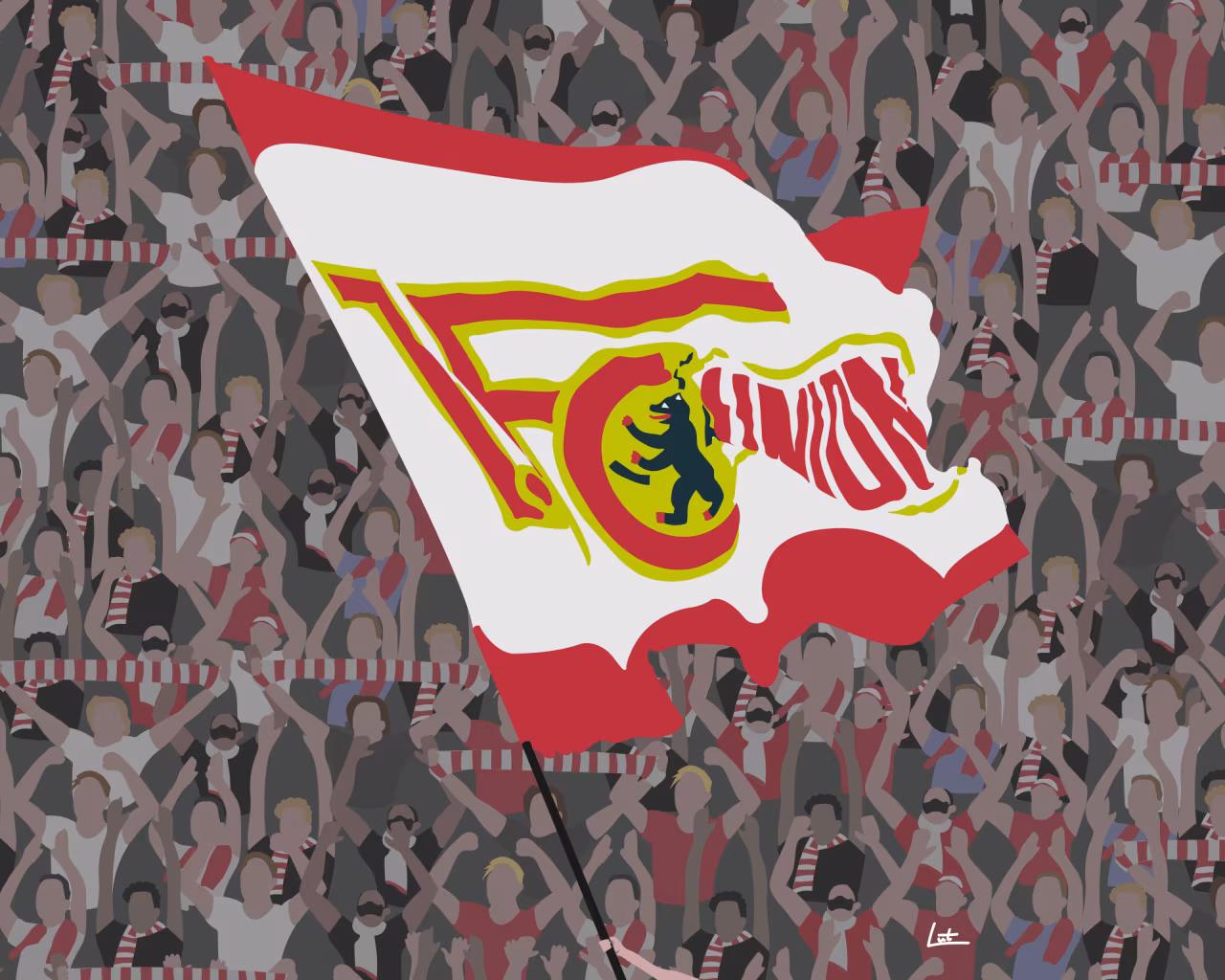 Illustratie van passievolle supporters met een witte en rode vlag en geel-rood leeuwembleem, fans van 1. FC Union Berlin