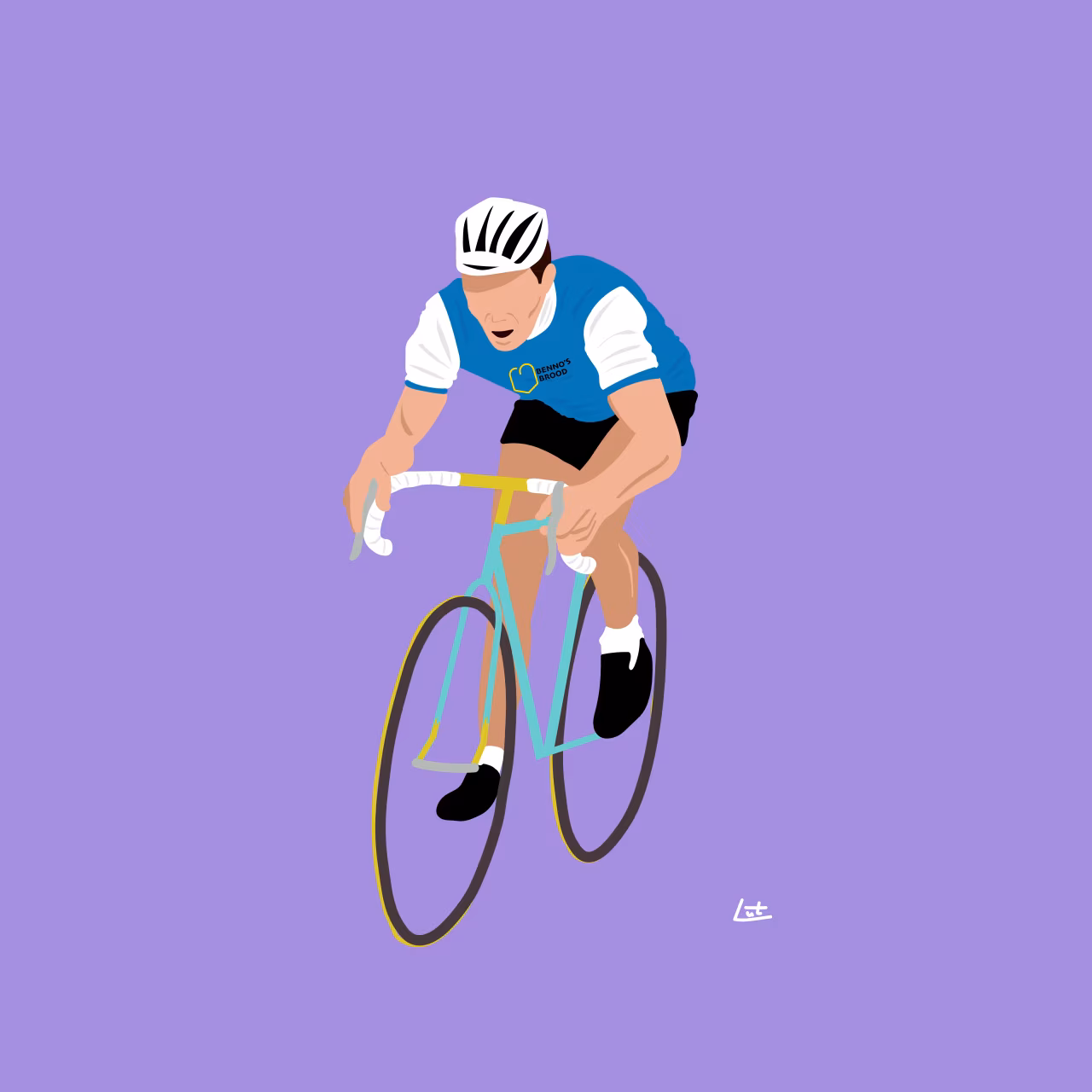 Digitale tekening van fietser op racefiets met wit helm, blauw shirt en lichtblauwe fiets, thema ’n Stukske fietsen…omdat het weer kan