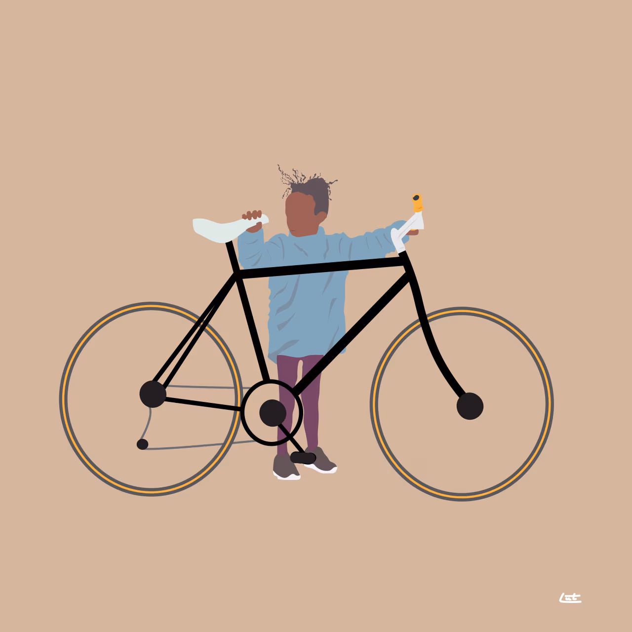Digitale tekening van een figuur met een fiets, centraal in beeld, passend bij artikel De fiets, de fiets en verder niets over wielrennen en Eritrea