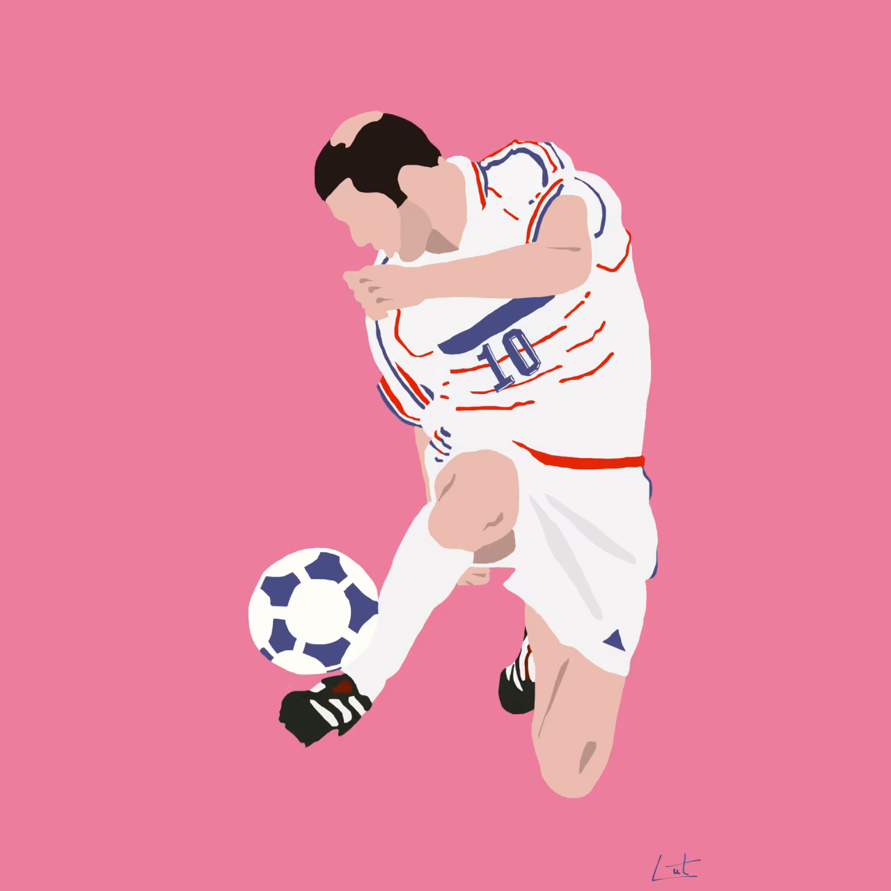Digitale tekening van voetballer nummer 10 in wit tenue met blauw-rode streep, bal op effen roze achtergrond, Het WK van 2022