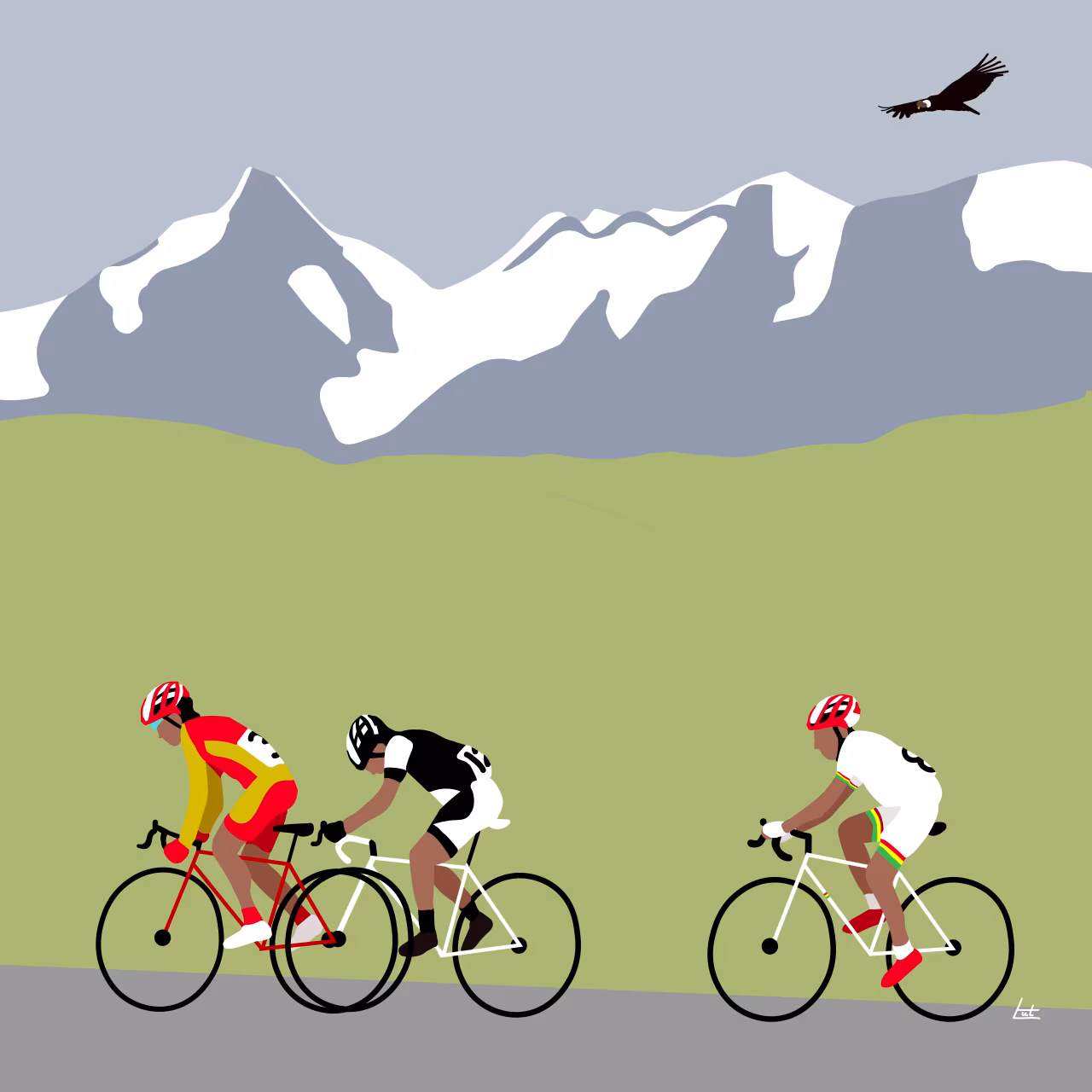 El cóndor pasa toont drie wielrenners op een bergweg met sneeuw en een roofvogel erboven, illustratie bij de tour door bolivia