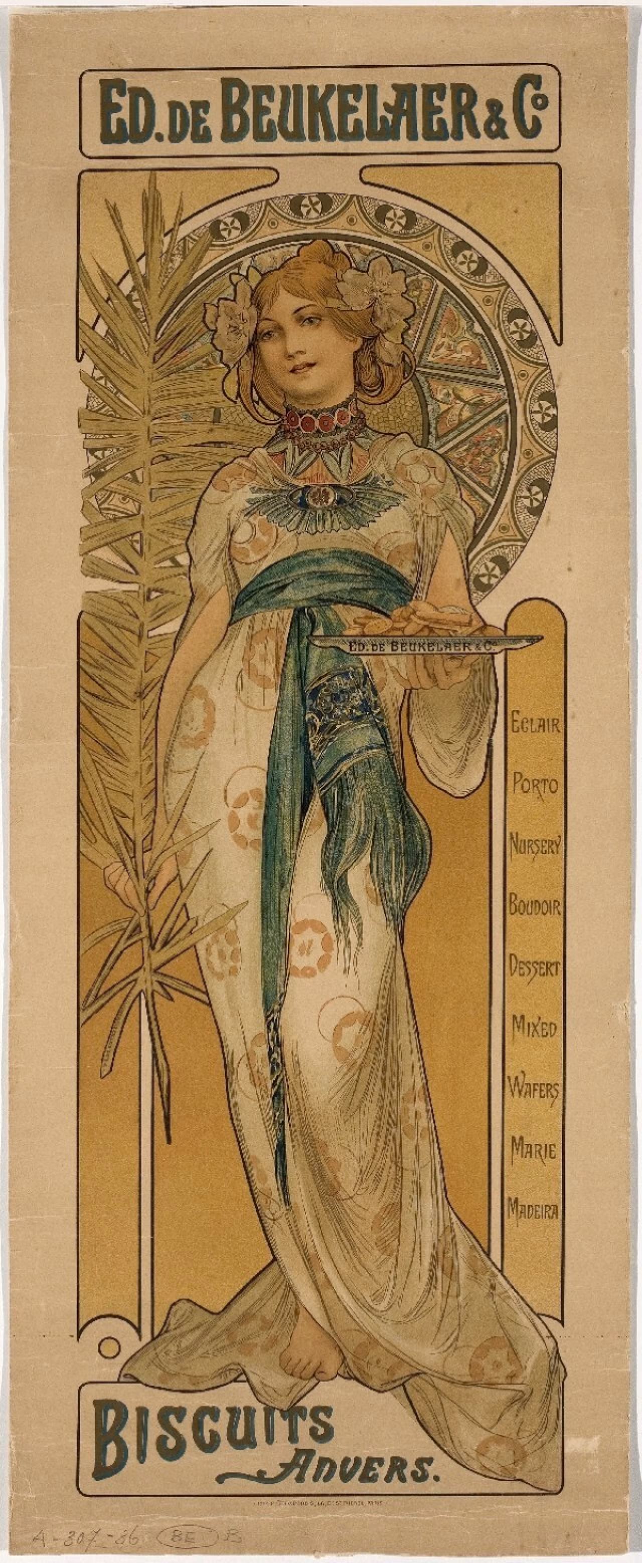 Affiche art nouveau 'Ed. de Beukelaer & Co' Biscuits Antwerpen met koekjeslijst en decoratieve cirkel