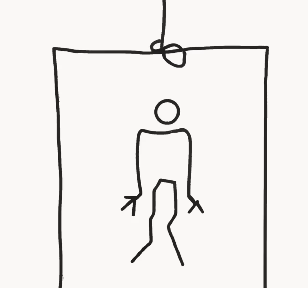 Lijntekening van opgehangen figuur in vierkant touw minimalistisch symbool galg voltrekking twents mediaplatform