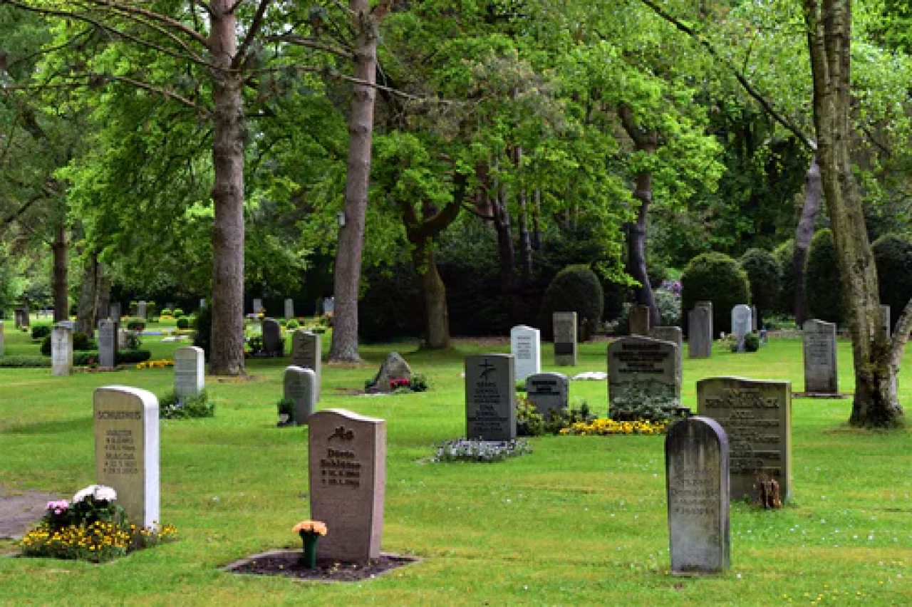 Begraafplaats met grafstenen tussen bomen en bloemen, rustige sfeer passend bij het artikel een grafarchitect is dat geen goed idee