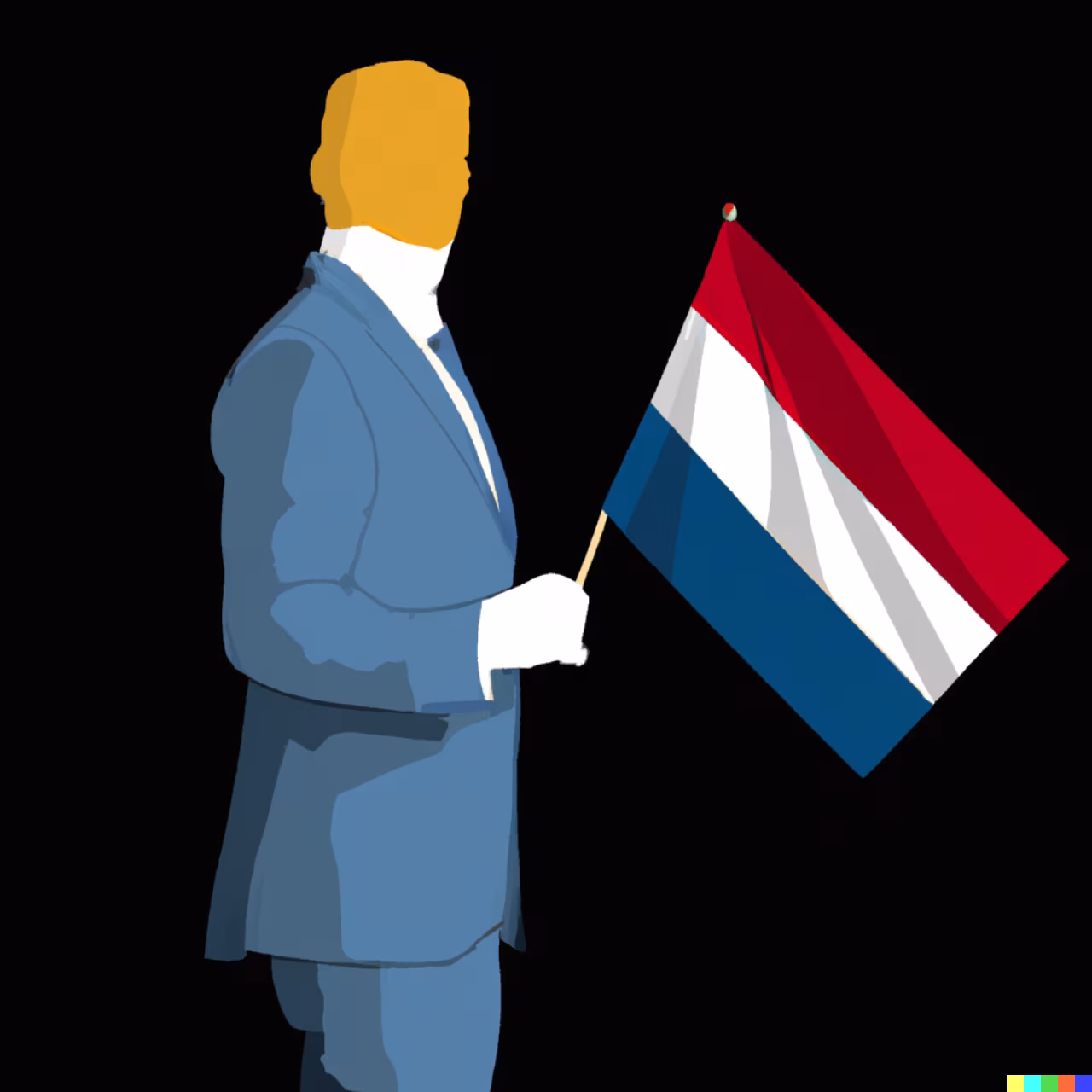 Digitale tekening met figuur in pak die Nederlandse vlag vasthoudt symbool nationale trots context De grote vraag in Den Haag Wat doet Omtzigt
