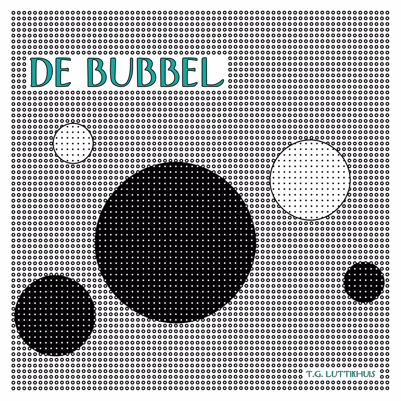 Illustratie De BUBBEL in groen met vijf grote bubbels in patroon, naam T.G. LUITTKHIUS rechts onderin, abstract ontwerp