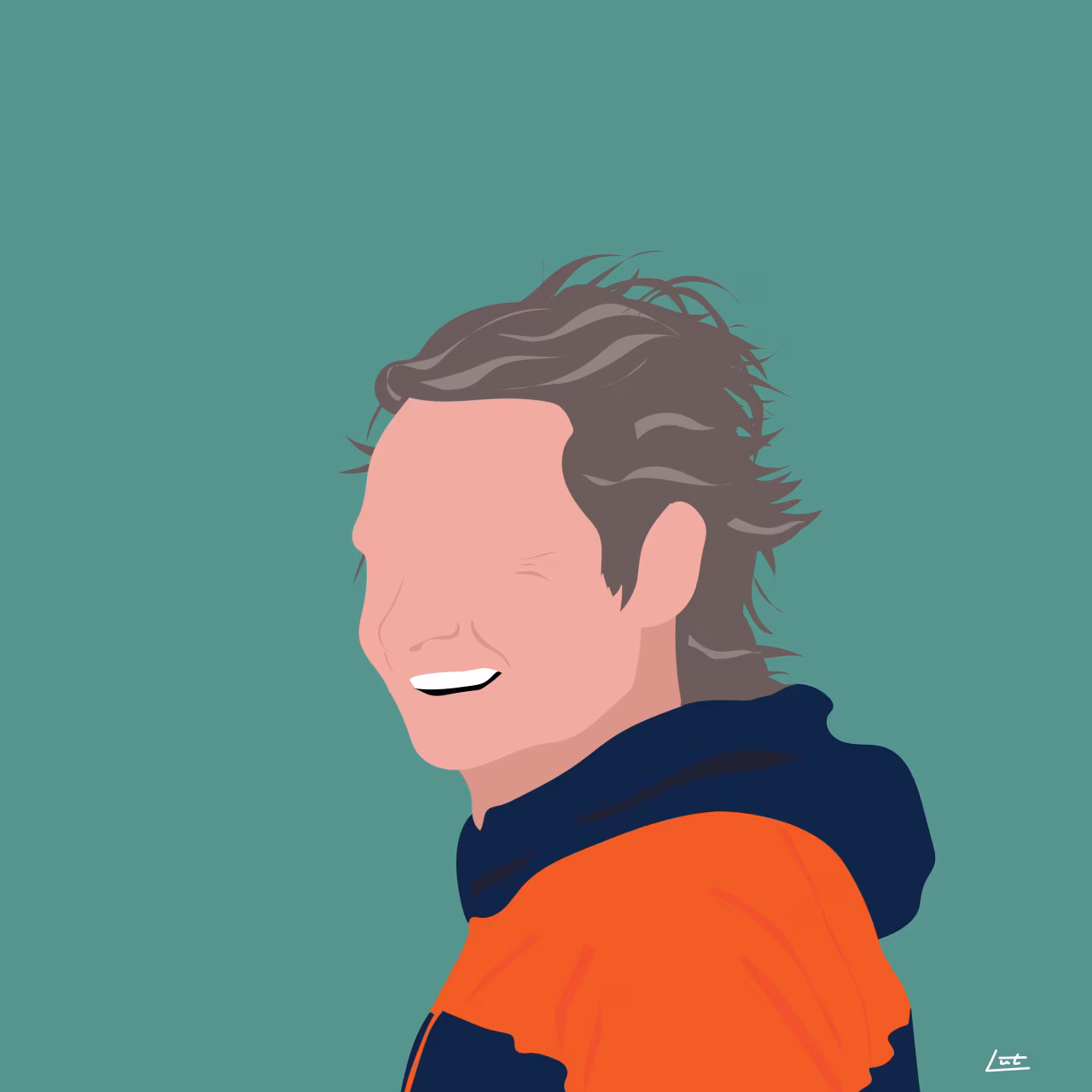 Digitale illustratie van een persoon die zijwaarts naar links lacht met een oranje jas en donkerblauwe capuchon tegen groene achtergrond, h2 titel Met een ladder naar de maan