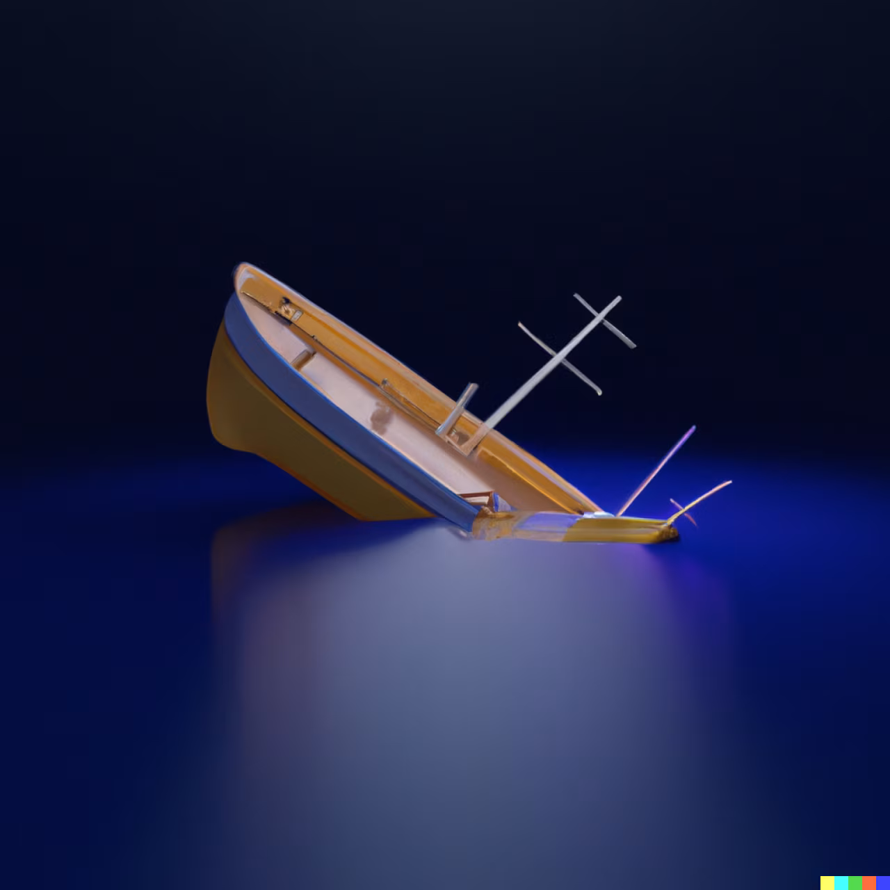Digitale illustratie van een gedeeltelijk gezonken scheepswrak in donkerblauwe nachtelijke oceaan, sfeer van verlatenheid, nieuwsoverzicht april 2023