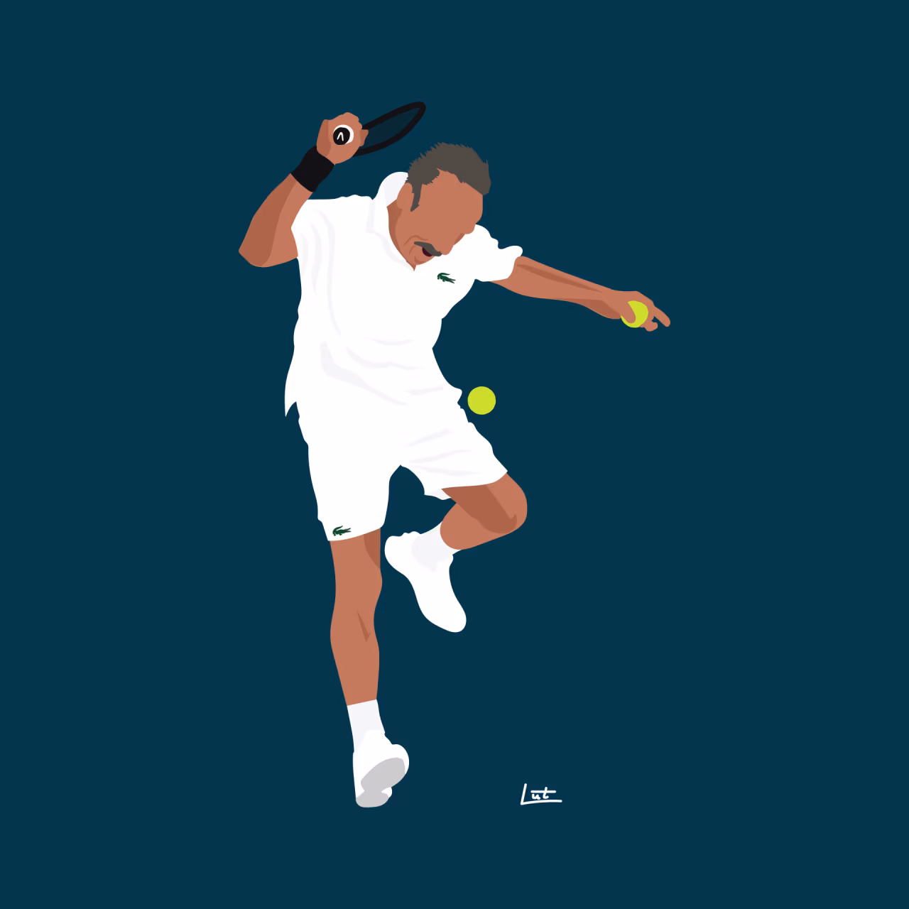 Digitale tekening van een tennisser met tennisracket en ballen in actie, passend bij het verhaal 'Positiviteit als schild en zwaard'