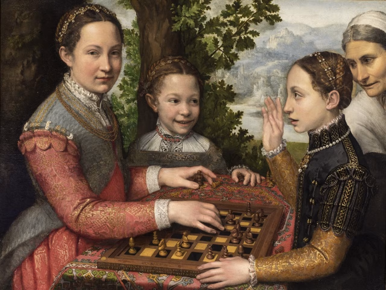 Het schaakspel van Sofonisba Anguissola toont vier figuren rond een tafel, centraal in de expositie vrouwelijke schilders uit de anonimiteit
