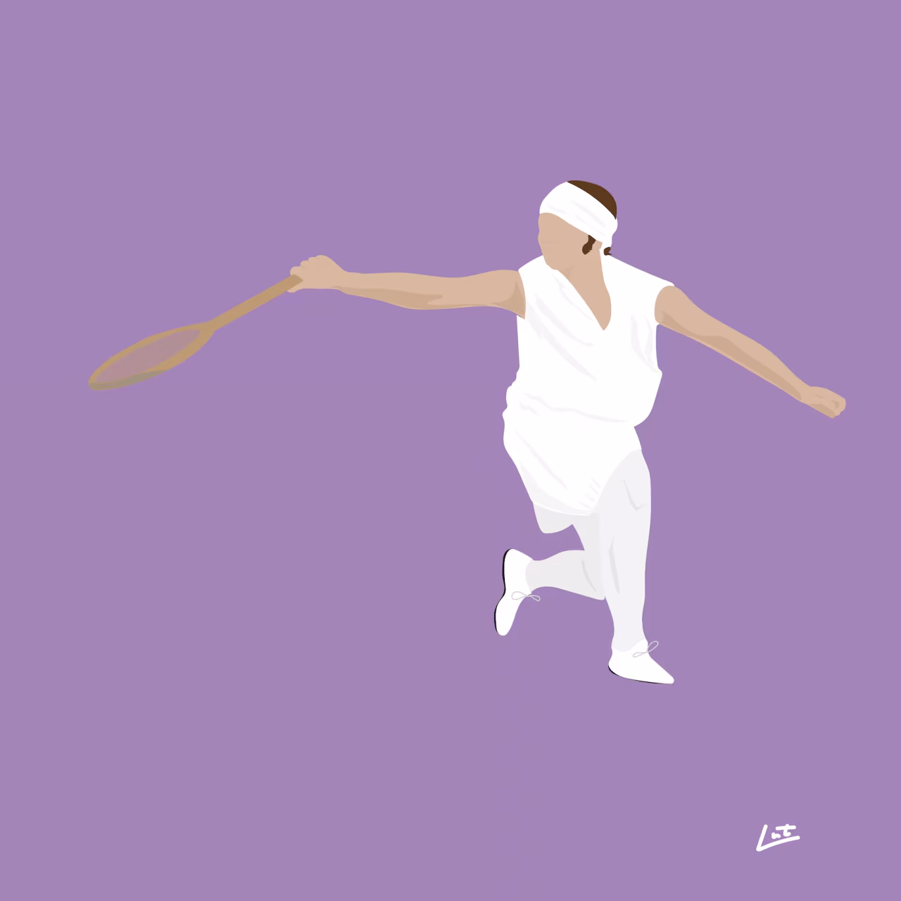 Digitale tekening van een tennisspeler in actie met tennisracket en hoofdband op paarse achtergrond, sportief thema De sportiefste stad van Nederland