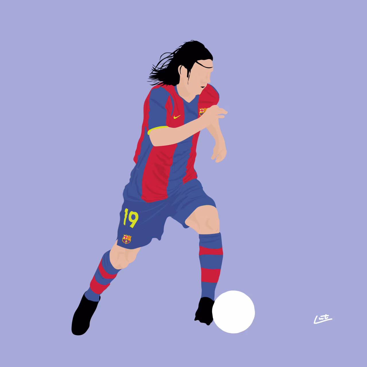 Illustratie van een voetballer in rood-blauw tenue nummer 19 met bal dribbelend in beweging wat een vlo een geit maakt