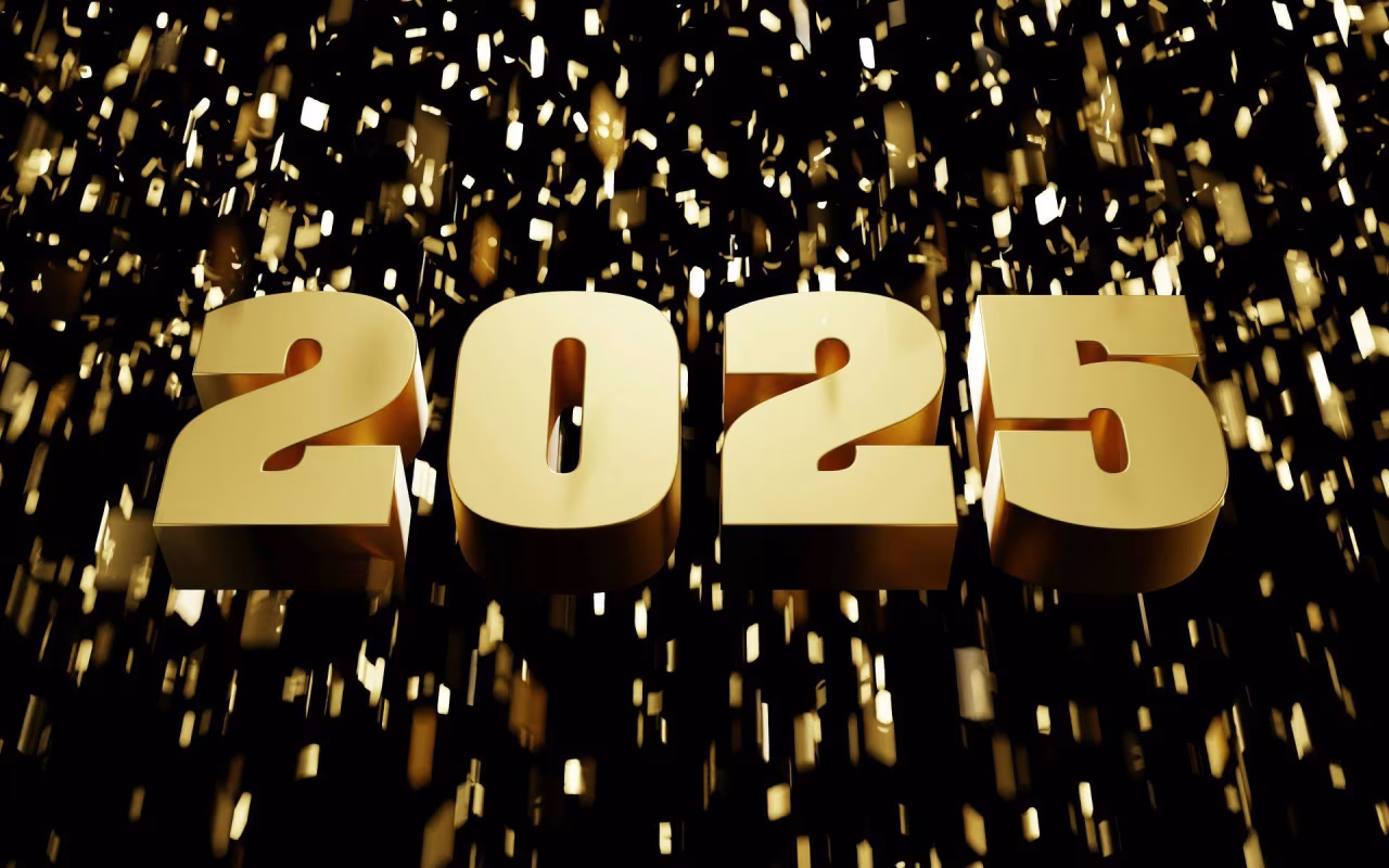 Gouden 3d cijfers 2025 op donker met feestelijke gouden lichtjes nieuwsoverzicht ma 30 dec 2024 t/m zo 5 jan 2025 tkk