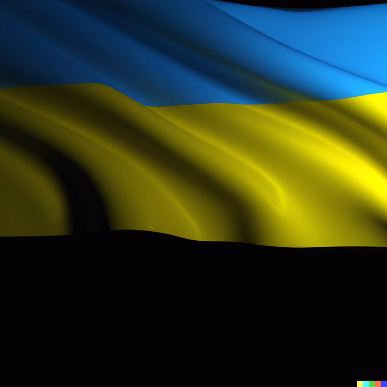 Vlag van Oekraïne met blauwe en gele horizontale strepen golvend tegen een zwarte achtergrond, context de oorlog in Oekraïne 2023