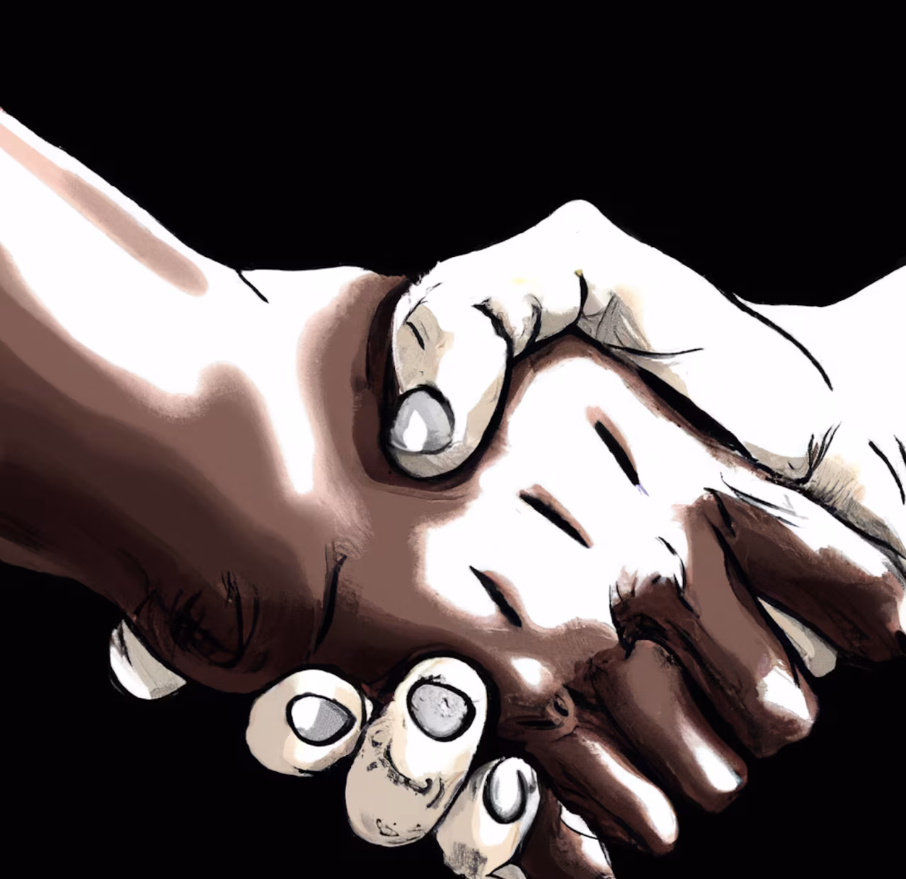 Tekening van twee handen die stevig vastgehouden worden in zwart-wit met bruine accenten, symboliseert noaberschap en respect