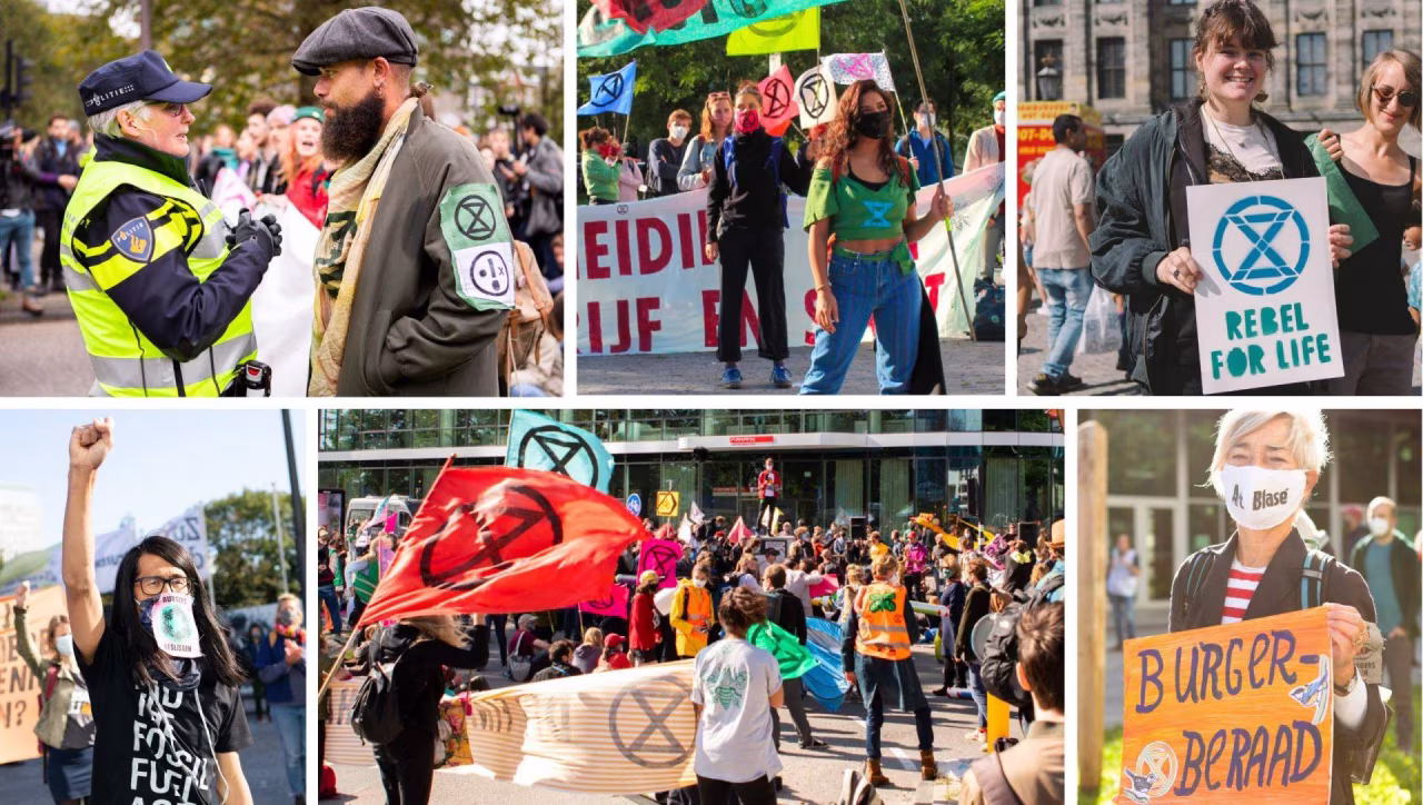 Collage van klimaatacties met spandoeken 'REBEL FOR LIFE', 'BURGER-BERAAD' en Extinction Rebellion symbool in klimaatdebat