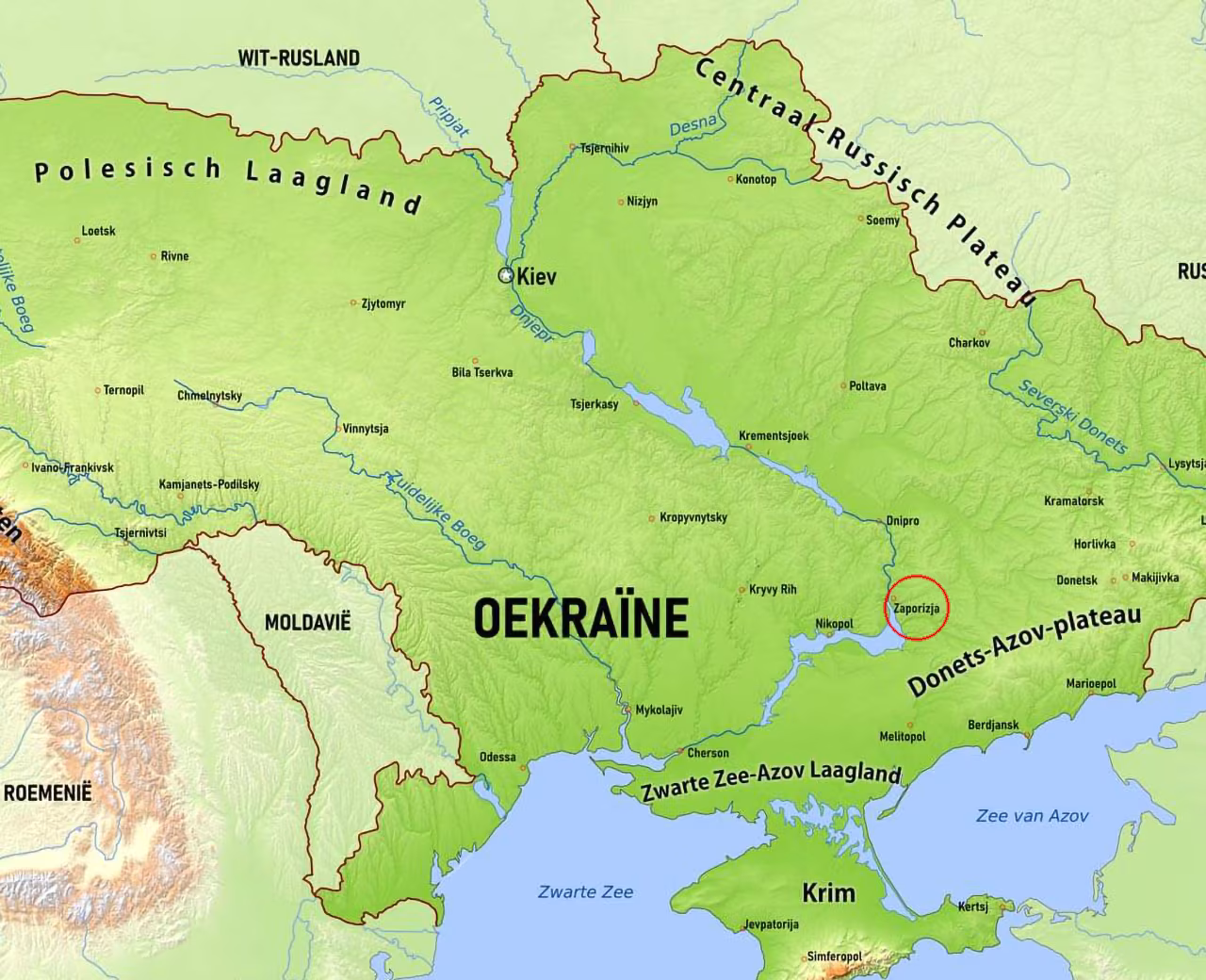 Kaart van Oekraïne met geografische kenmerken en steden als Kiev, Dnipro, Odessa, en omliggende gebieden bij DE OORLOG IN OEKRAÏNE