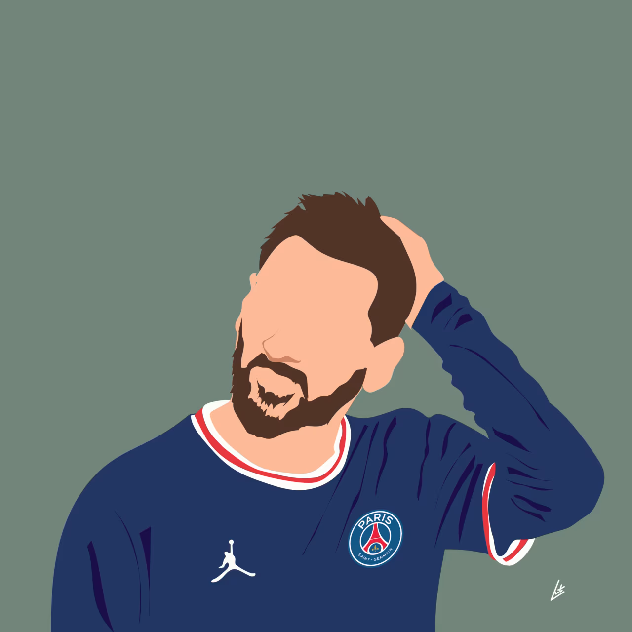 Digitale tekening met PSG en Jordan logo's op blauw shirt tegen grijsgroene achtergrond bij artikel maakt geld gelukkig